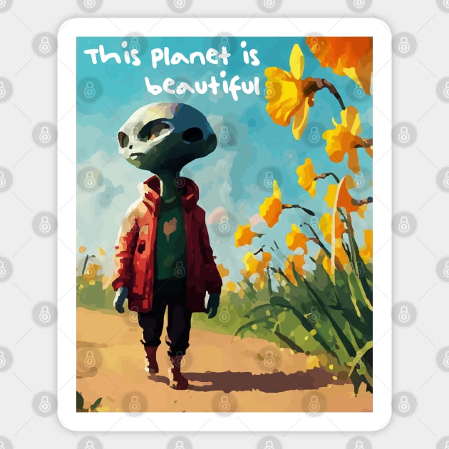 Alien walking through a vast field of yellow daffodils Sticker by Megadorim